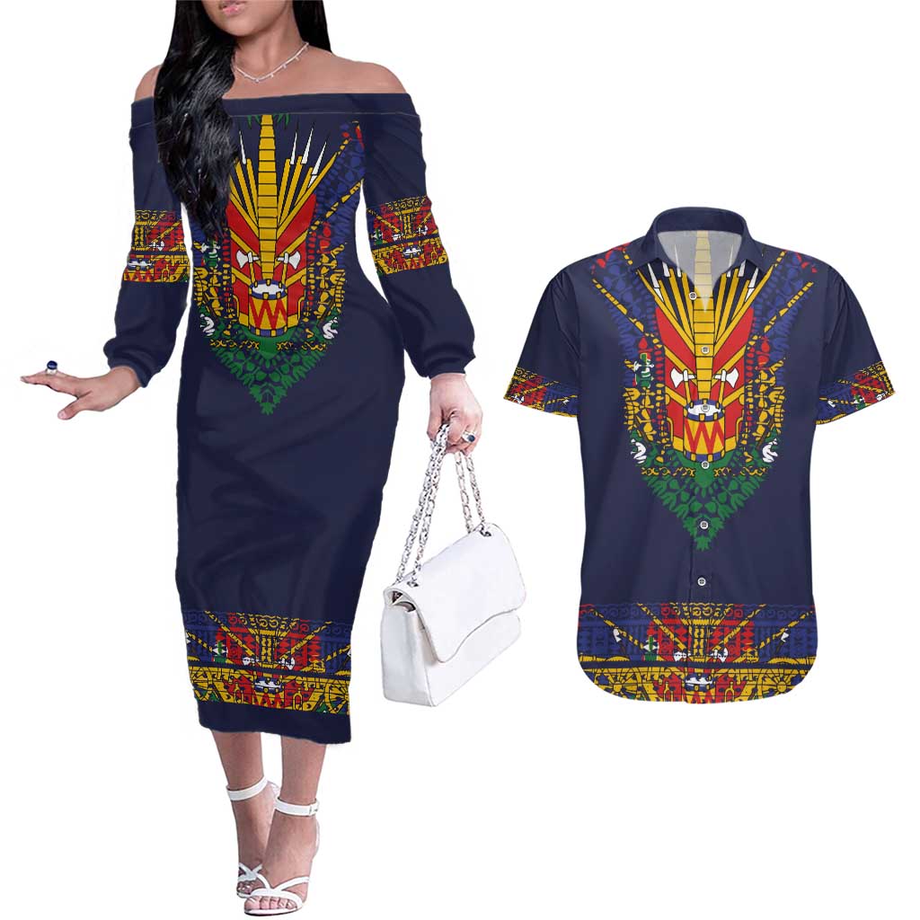 Haiti Flag Traditional Dashiki Couples Matching Off The Shoulder Long Sleeve Dress and Hawaiian Shirt Black Color LT03 Black - Polynesian Pride