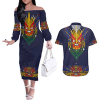 Haiti Flag Traditional Dashiki Couples Matching Off The Shoulder Long Sleeve Dress and Hawaiian Shirt Black Color LT03 Black - Polynesian Pride