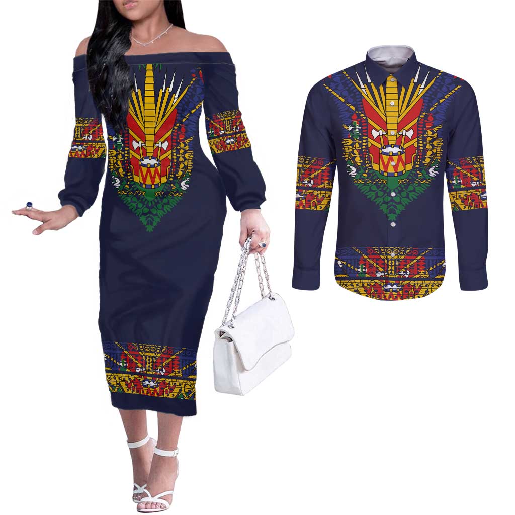 Haiti Flag Traditional Dashiki Couples Matching Off The Shoulder Long Sleeve Dress and Long Sleeve Button Shirt Black Color LT03 Black - Polynesian Pride