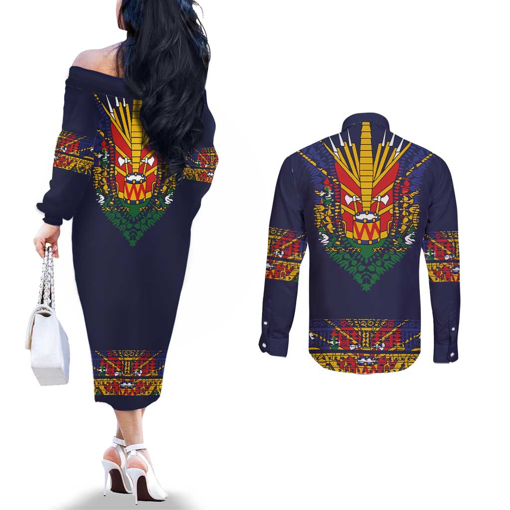 Haiti Flag Traditional Dashiki Couples Matching Off The Shoulder Long Sleeve Dress and Long Sleeve Button Shirt Black Color LT03 - Polynesian Pride