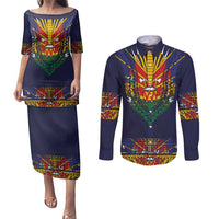 Haiti Flag Traditional Dashiki Couples Matching Puletasi and Long Sleeve Button Shirt Black Color LT03 Black - Polynesian Pride