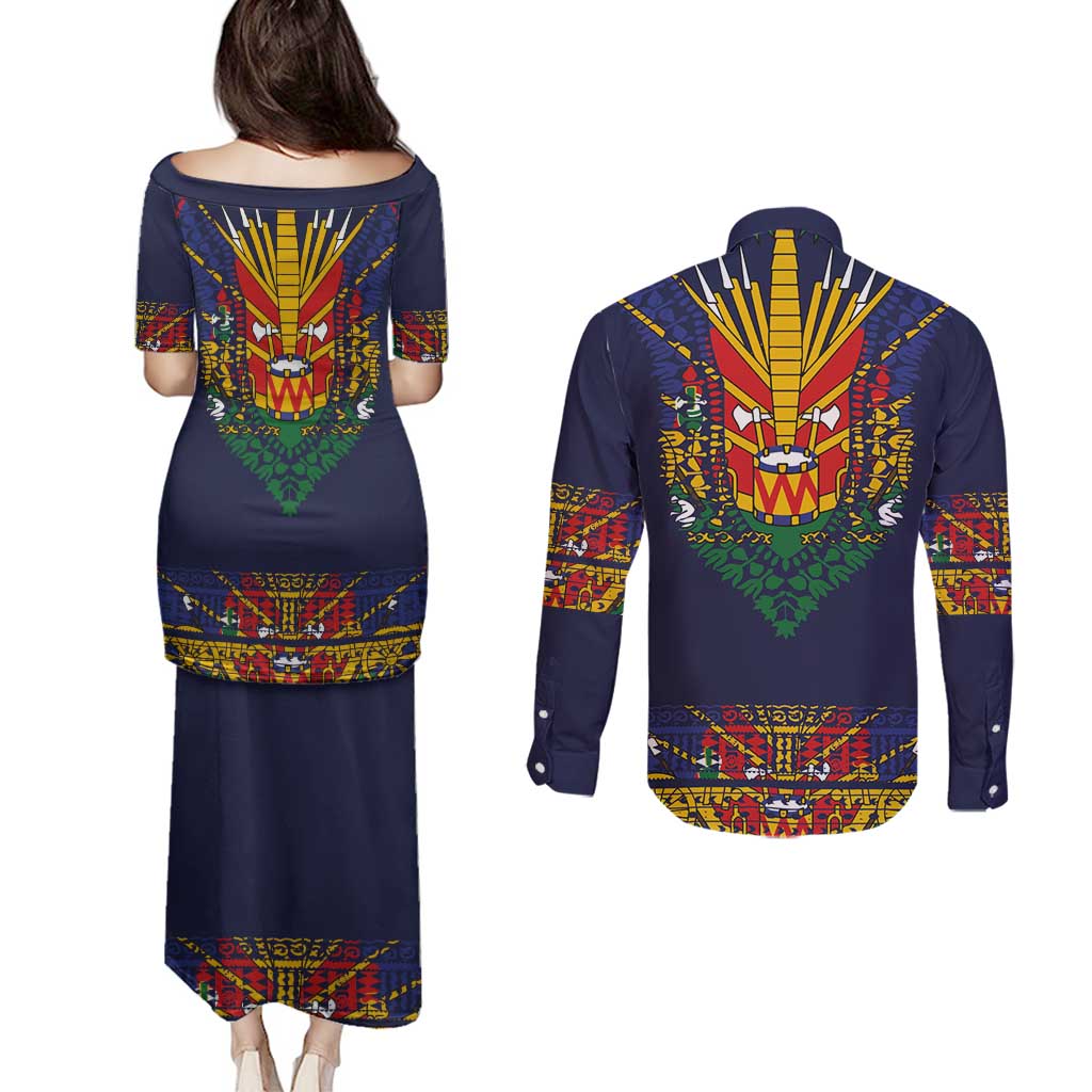 Haiti Flag Traditional Dashiki Couples Matching Puletasi and Long Sleeve Button Shirt Black Color LT03 - Polynesian Pride
