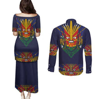 Haiti Flag Traditional Dashiki Couples Matching Puletasi and Long Sleeve Button Shirt Black Color LT03 - Polynesian Pride