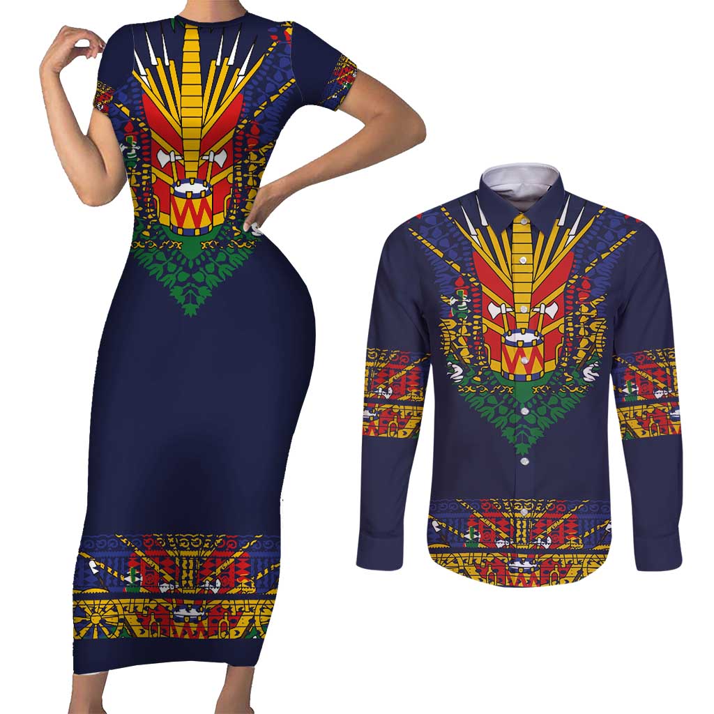 Haiti Flag Traditional Dashiki Couples Matching Short Sleeve Bodycon Dress and Long Sleeve Button Shirt Black Color LT03 Black - Polynesian Pride