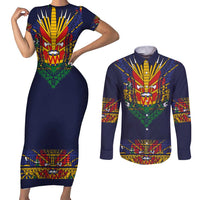 Haiti Flag Traditional Dashiki Couples Matching Short Sleeve Bodycon Dress and Long Sleeve Button Shirt Black Color LT03 Black - Polynesian Pride