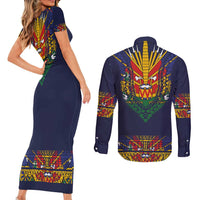 Haiti Flag Traditional Dashiki Couples Matching Short Sleeve Bodycon Dress and Long Sleeve Button Shirt Black Color LT03 - Polynesian Pride