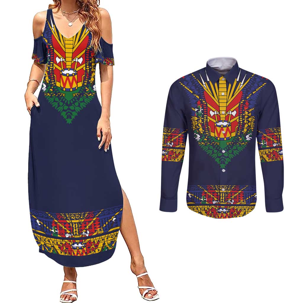Haiti Flag Traditional Dashiki Couples Matching Summer Maxi Dress and Long Sleeve Button Shirt Black Color LT03 Black - Polynesian Pride
