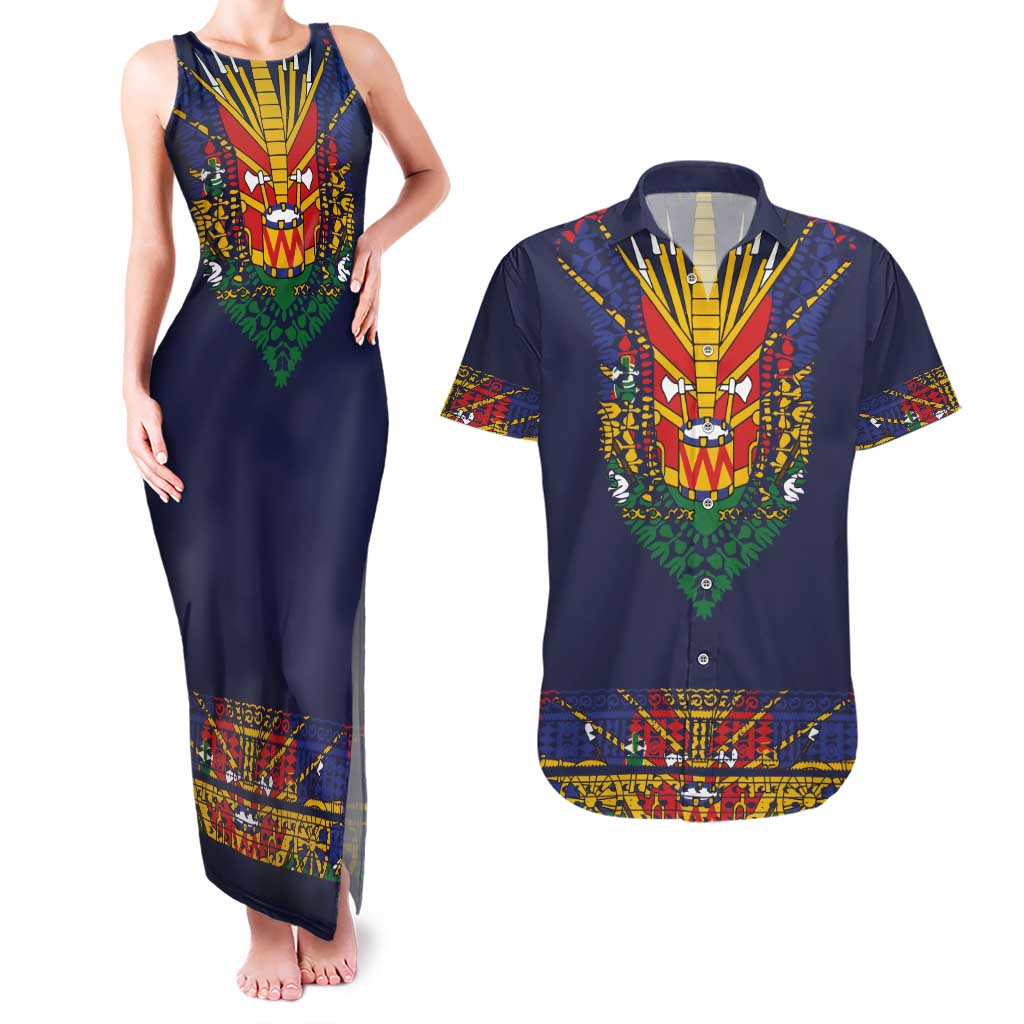 Haiti Flag Traditional Dashiki Couples Matching Tank Maxi Dress and Hawaiian Shirt Black Color - Polynesian Pride