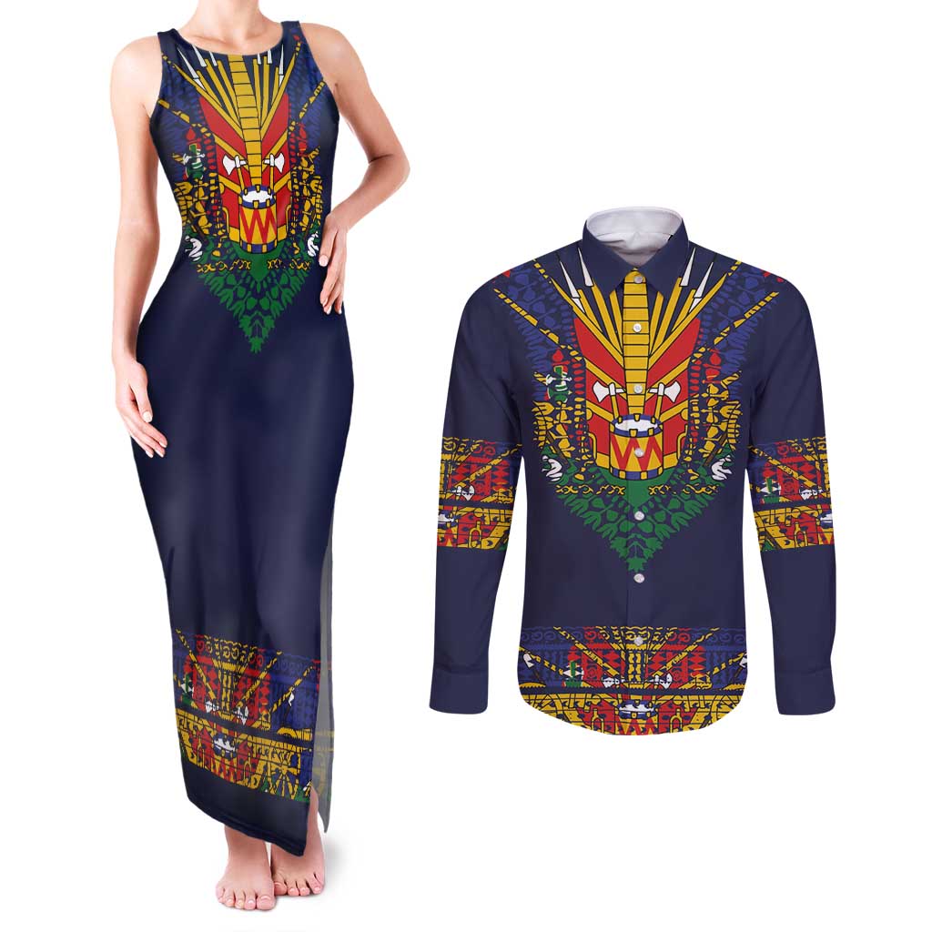 Haiti Flag Traditional Dashiki Couples Matching Tank Maxi Dress and Long Sleeve Button Shirt Black Color - Polynesian Pride