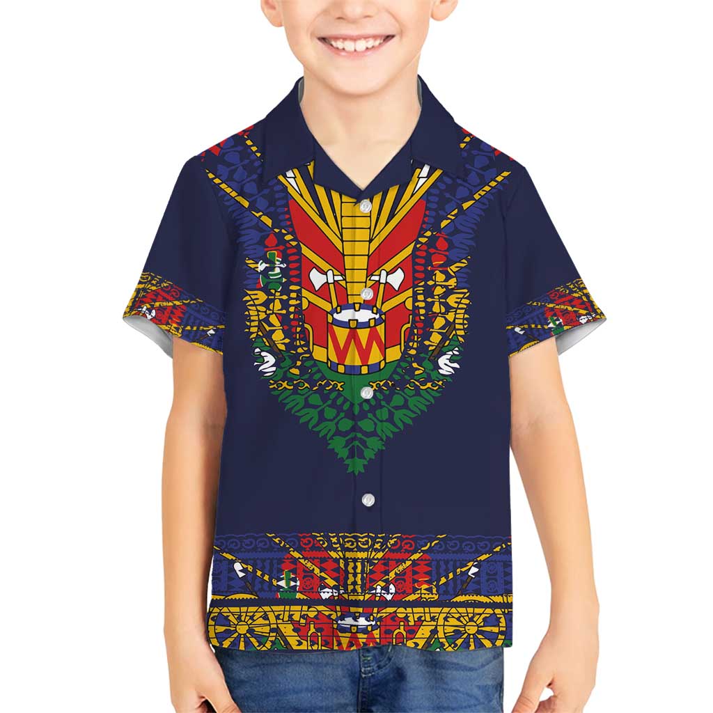 Haiti Flag Traditional Dashiki Family Matching Long Sleeve Bodycon Dress and Hawaiian Shirt Black Color LT03 Son's Shirt Black - Polynesian Pride