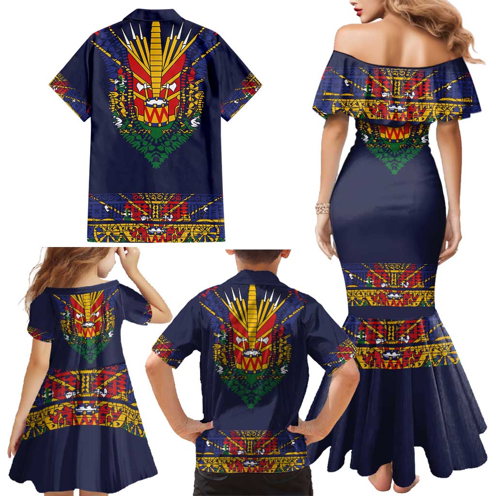 Haiti Flag Traditional Dashiki Family Matching Mermaid Dress and Hawaiian Shirt Black Color LT03 - Polynesian Pride
