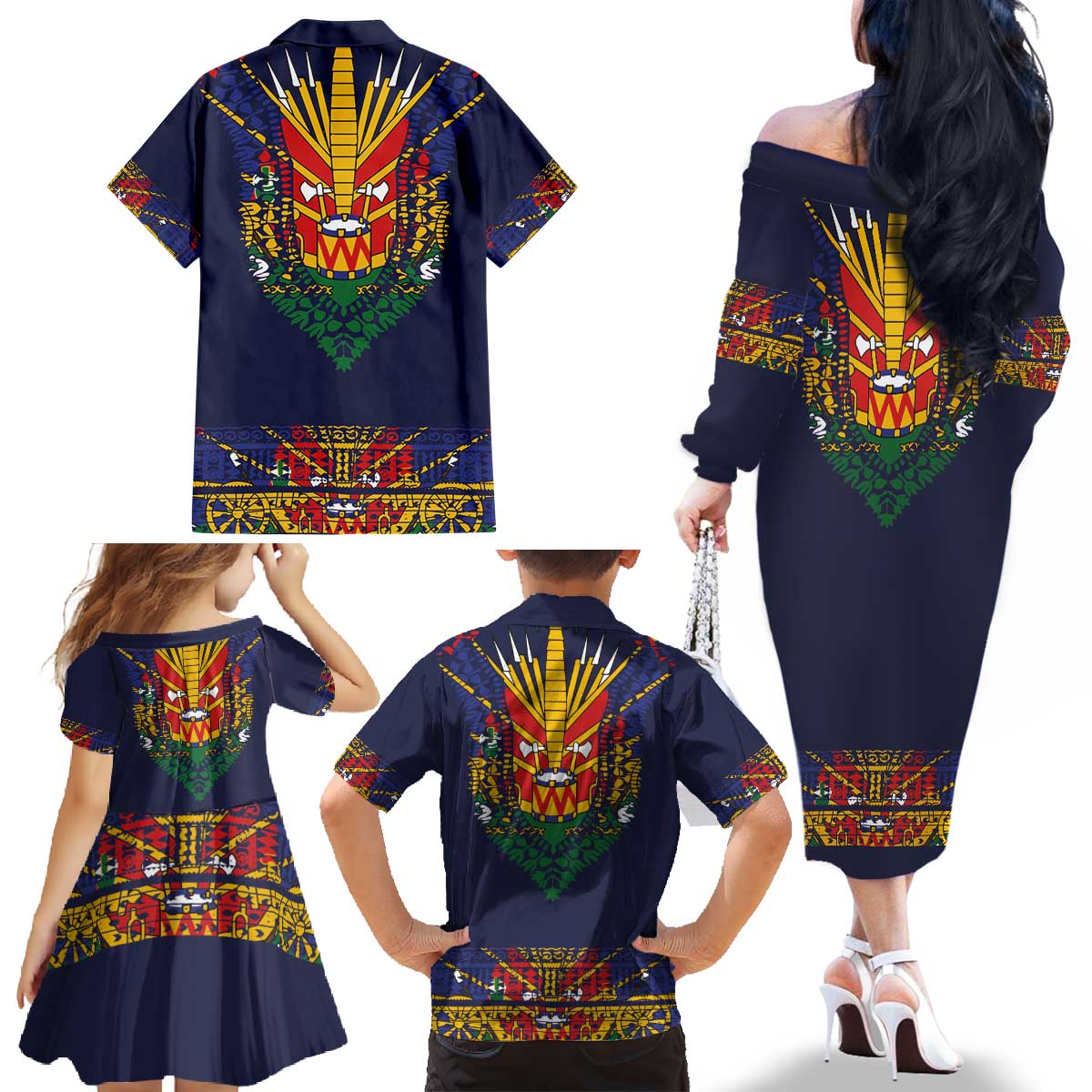 Haiti Flag Traditional Dashiki Family Matching Off The Shoulder Long Sleeve Dress and Hawaiian Shirt Black Color LT03 - Polynesian Pride