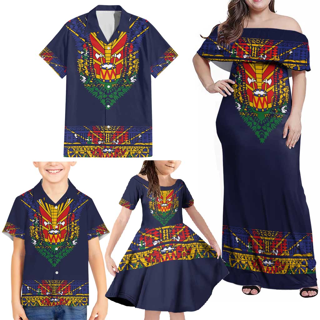 Haiti Flag Traditional Dashiki Family Matching Off Shoulder Maxi Dress and Hawaiian Shirt Black Color LT03 - Polynesian Pride