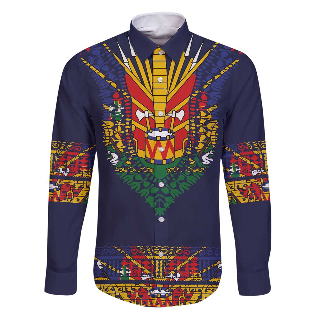 Haiti Flag Traditional Dashiki Family Matching Off Shoulder Maxi Dress and Hawaiian Shirt Black Color LT03 Dad's Shirt - Long Sleeve Black - Polynesian Pride