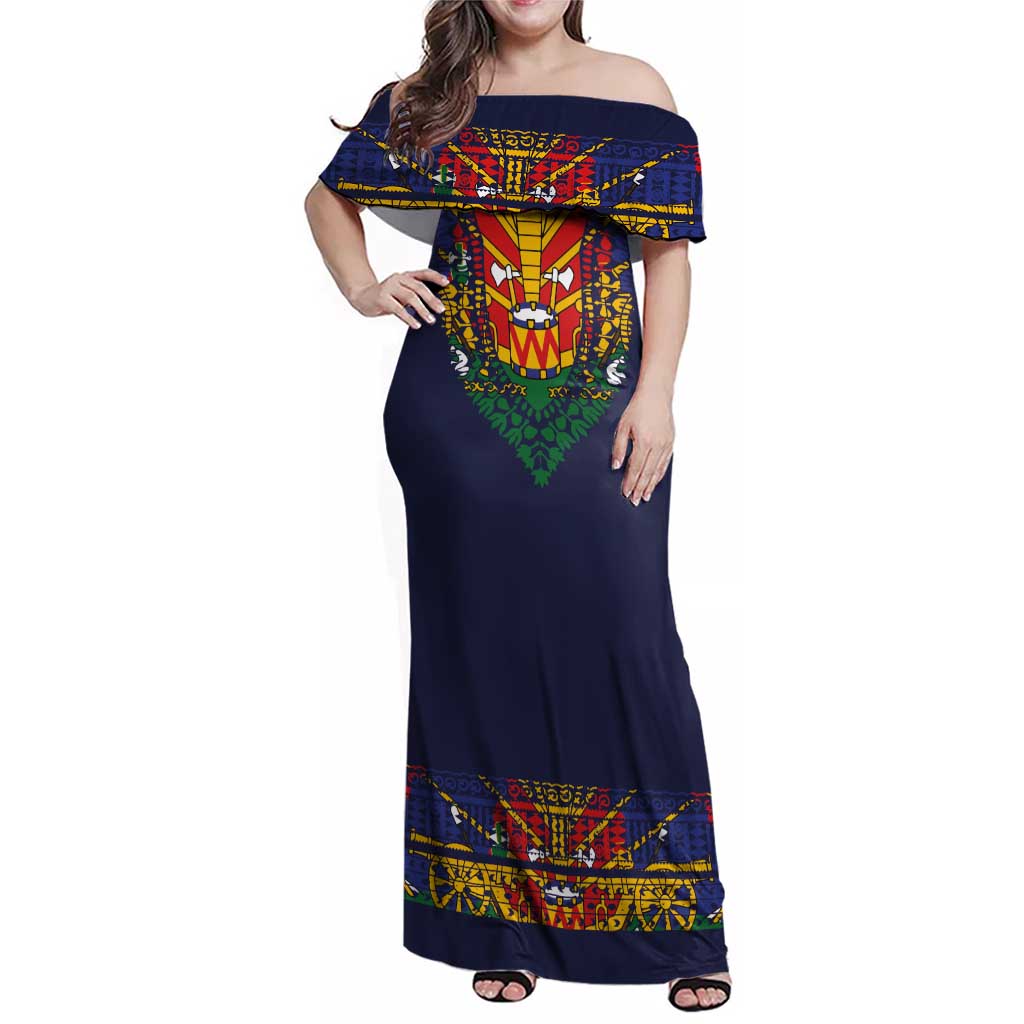Haiti Flag Traditional Dashiki Family Matching Off Shoulder Maxi Dress and Hawaiian Shirt Black Color LT03 Mom's Dress Black - Polynesian Pride