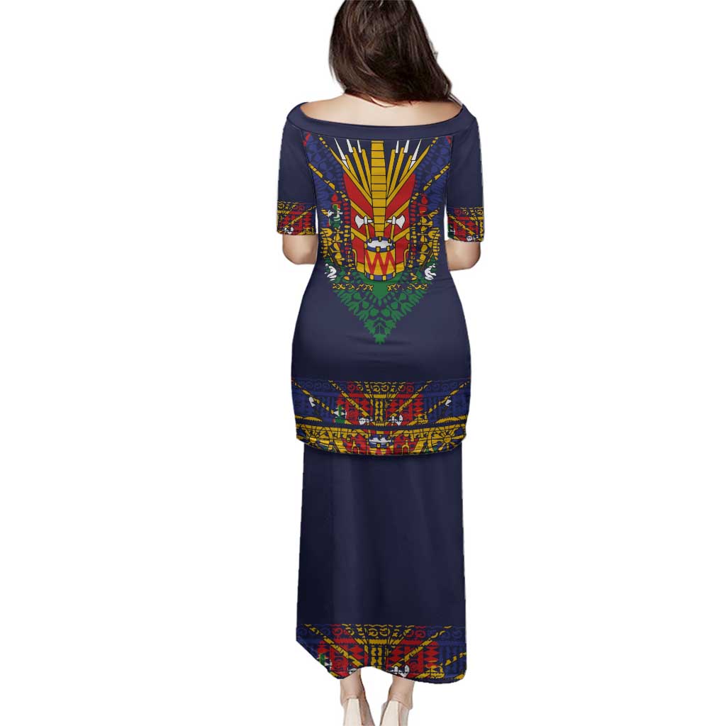 Haiti Flag Traditional Dashiki Family Matching Puletasi and Hawaiian Shirt Black Color LT03 - Polynesian Pride