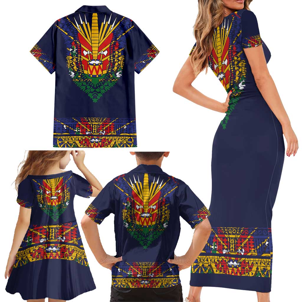 Haiti Flag Traditional Dashiki Family Matching Short Sleeve Bodycon Dress and Hawaiian Shirt Black Color LT03 - Polynesian Pride