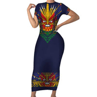 Haiti Flag Traditional Dashiki Family Matching Short Sleeve Bodycon Dress and Hawaiian Shirt Black Color LT03 Mom's Dress Black - Polynesian Pride