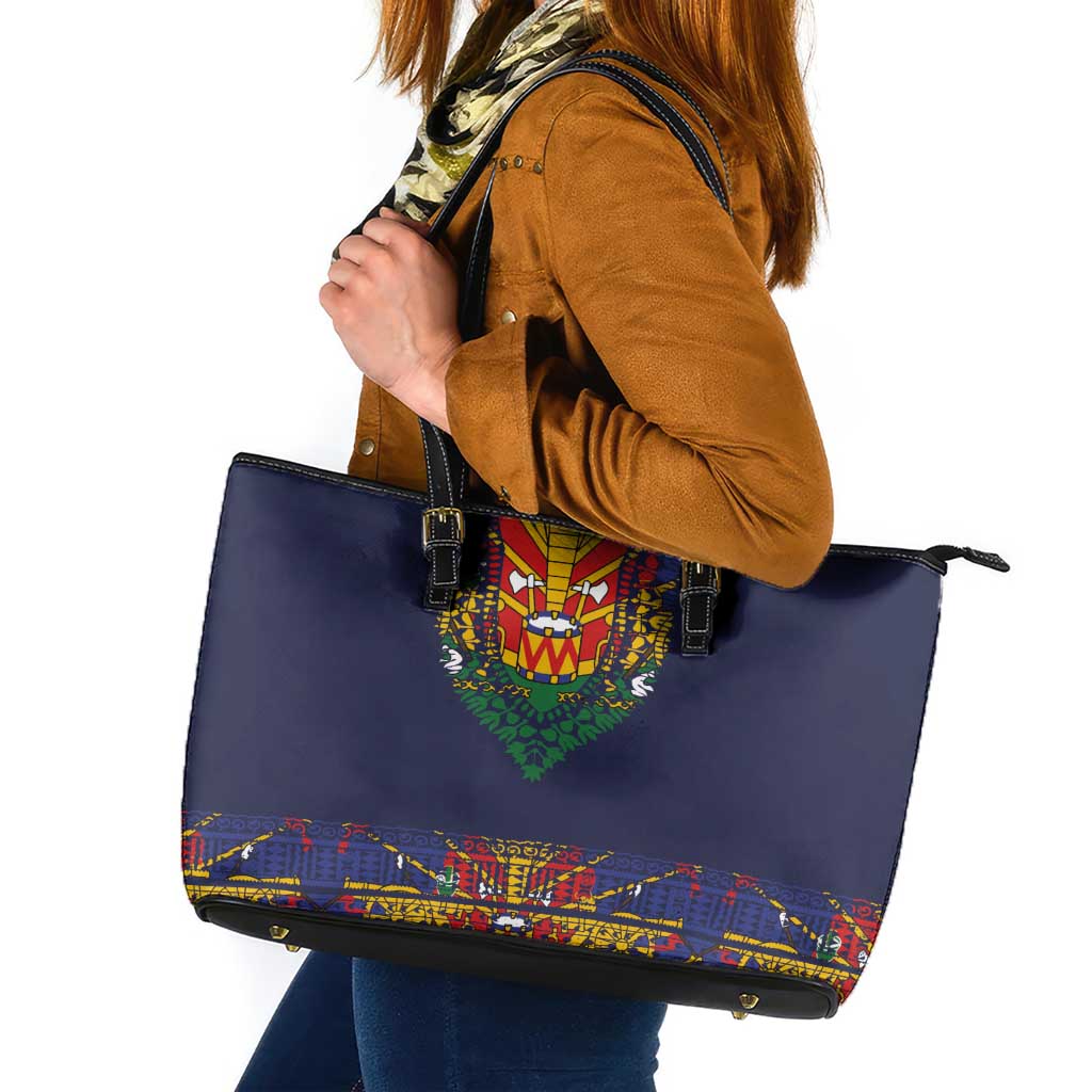 Haiti Flag Traditional Dashiki Leather Tote Bag Black Color LT03 Black - Polynesian Pride