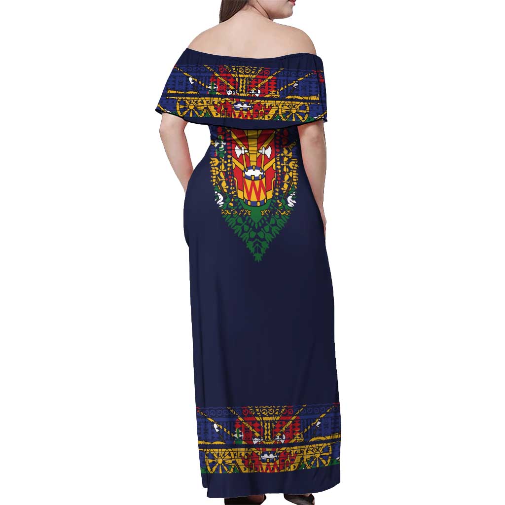 Haiti Flag Traditional Dashiki Off Shoulder Maxi Dress Black Color - Polynesian Pride