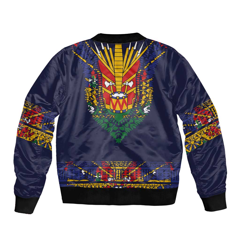 Haiti Flag Traditional Dashiki Sleeve Zip Bomber Jacket Black Color - Polynesian Pride
