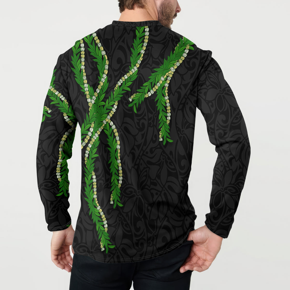 Hawaii Maile Lei Button Sweatshirt Aloha Black Color