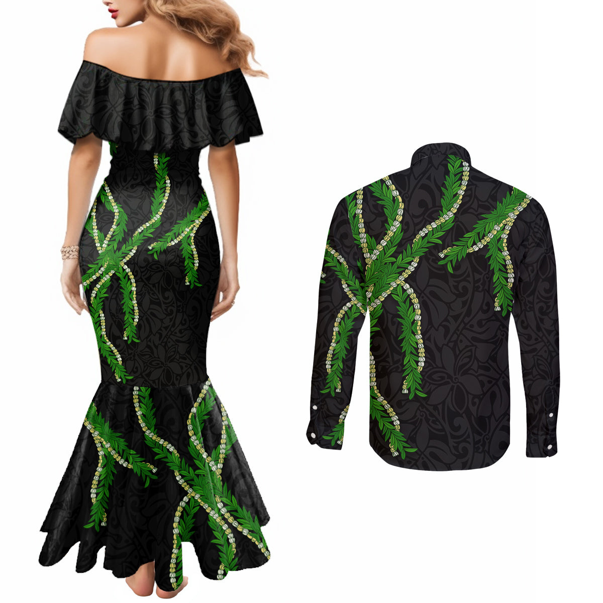 Hawaii Maile Lei Couples Matching Mermaid Dress and Long Sleeve Button Shirt Aloha Black Color