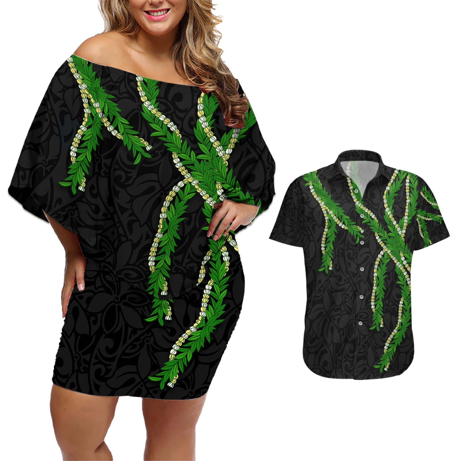 Hawaii Maile Lei Couples Matching Off Shoulder Short Dress and Hawaiian Shirt Aloha Black Color