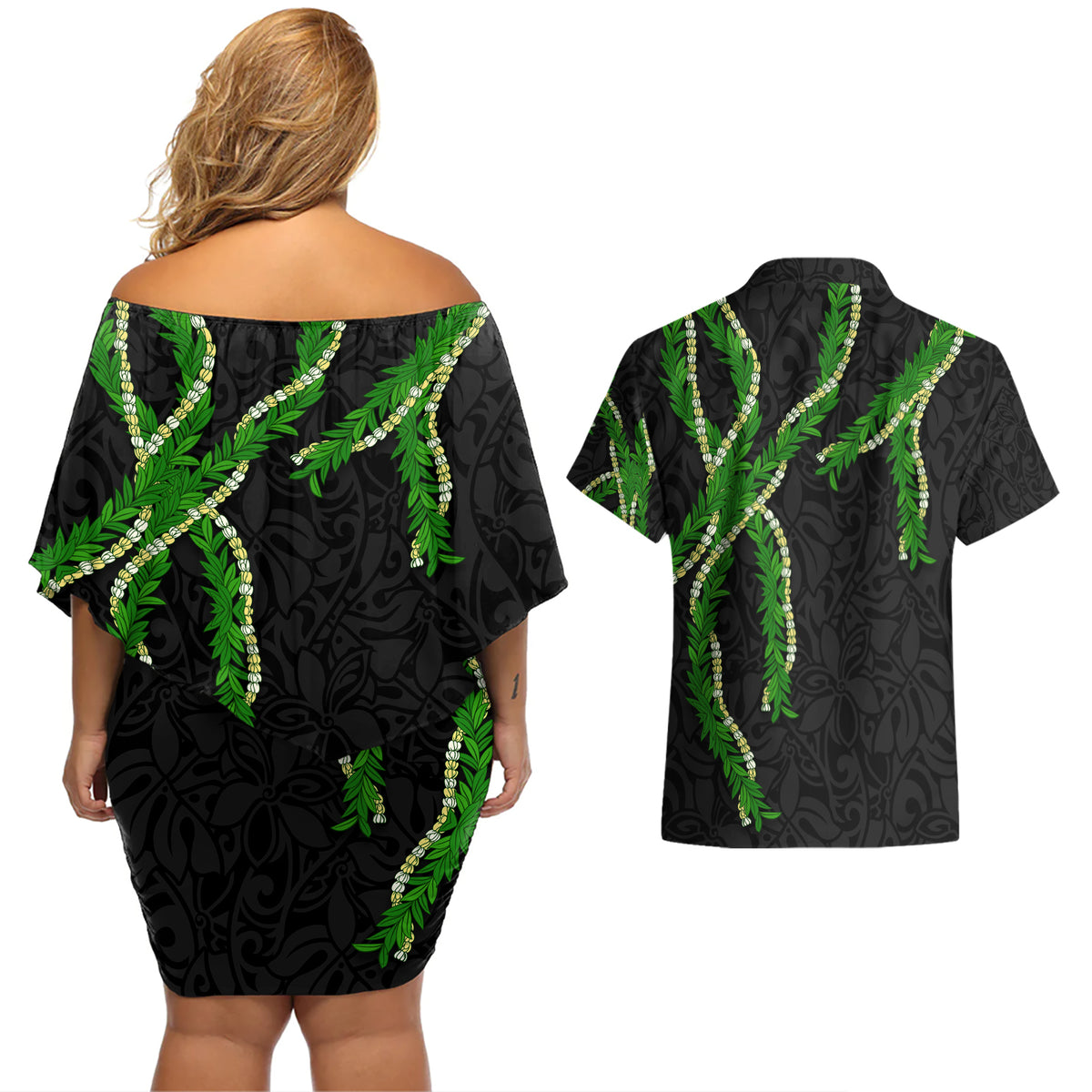 Hawaii Maile Lei Couples Matching Off Shoulder Short Dress and Hawaiian Shirt Aloha Black Color