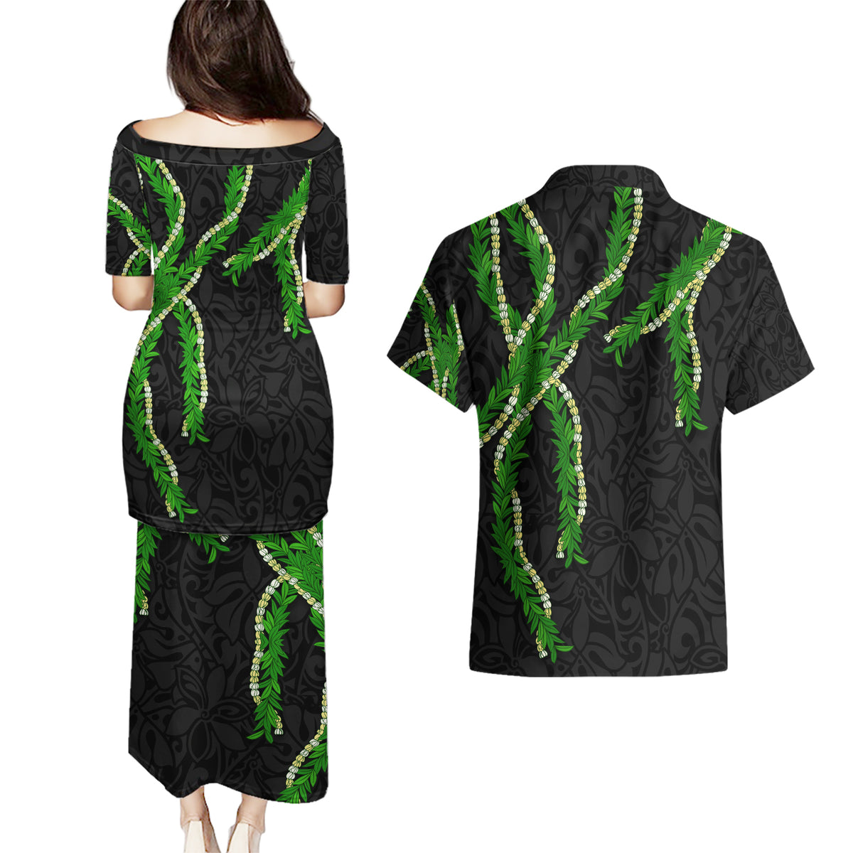 Hawaii Maile Lei Couples Matching Puletasi and Hawaiian Shirt Aloha Black Color