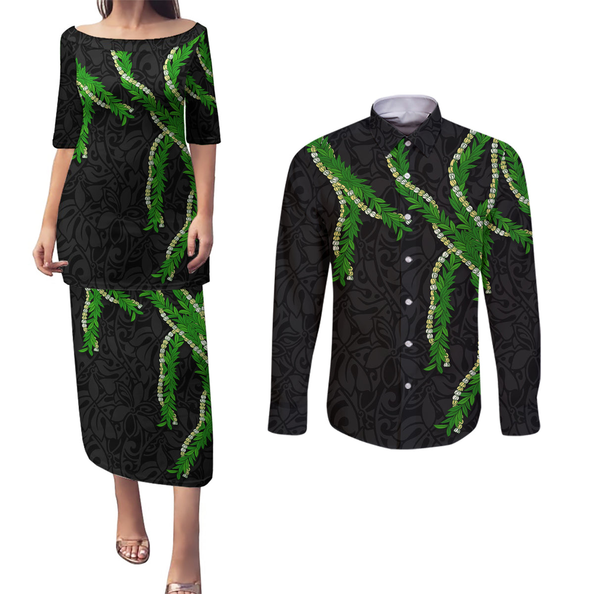 Hawaii Maile Lei Couples Matching Puletasi and Long Sleeve Button Shirt Aloha Black Color