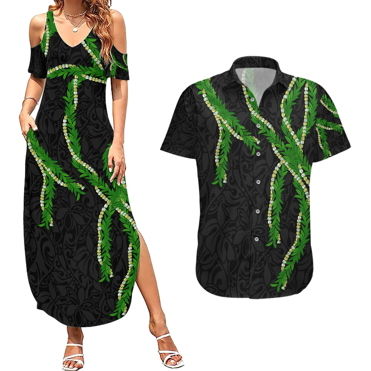 Hawaii Maile Lei Couples Matching Summer Maxi Dress and Hawaiian Shirt Aloha Black Color