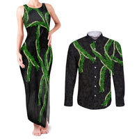 Hawaii Maile Lei Couples Matching Tank Maxi Dress and Long Sleeve Button Shirt Aloha Black Color