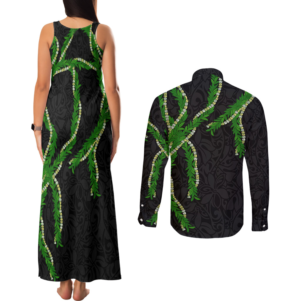 Hawaii Maile Lei Couples Matching Tank Maxi Dress and Long Sleeve Button Shirt Aloha Black Color