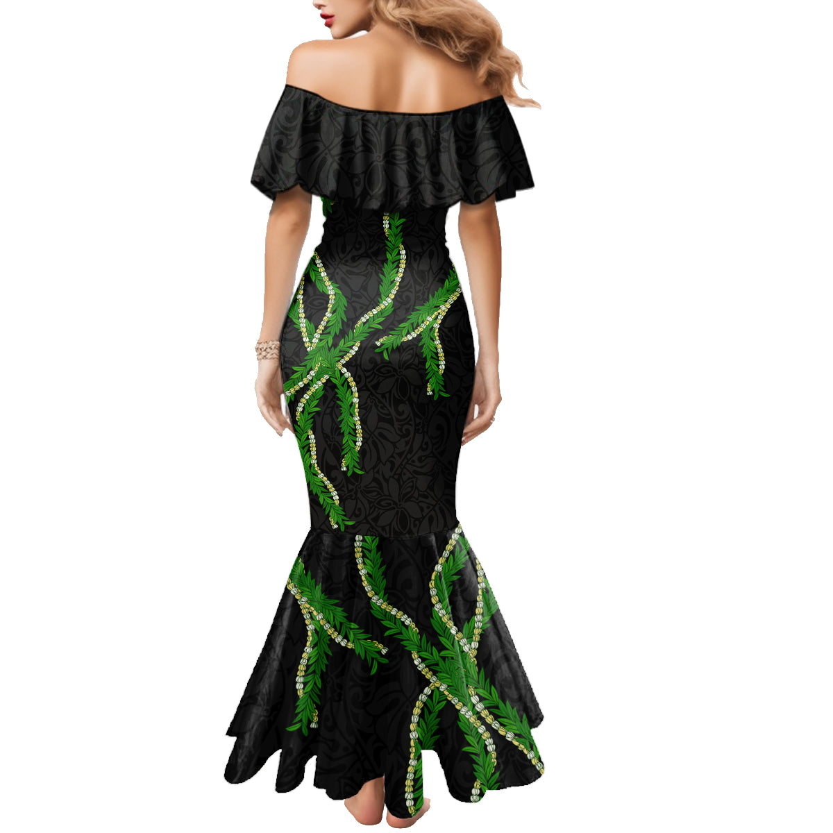 Hawaii Maile Lei Family Matching Mermaid Dress and Hawaiian Shirt Aloha Black Color LT03 - Polynesian Pride