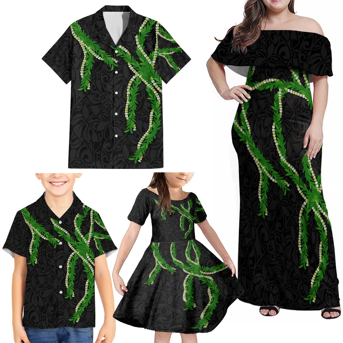 Hawaii Maile Lei Family Matching Off Shoulder Maxi Dress and Hawaiian Shirt Aloha Black Color LT03 - Polynesian Pride