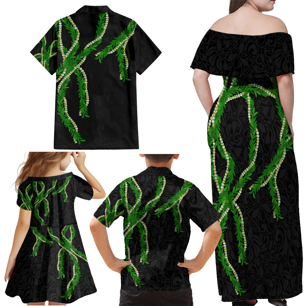 Hawaii Maile Lei Family Matching Off Shoulder Maxi Dress and Hawaiian Shirt Aloha Black Color LT03 - Polynesian Pride