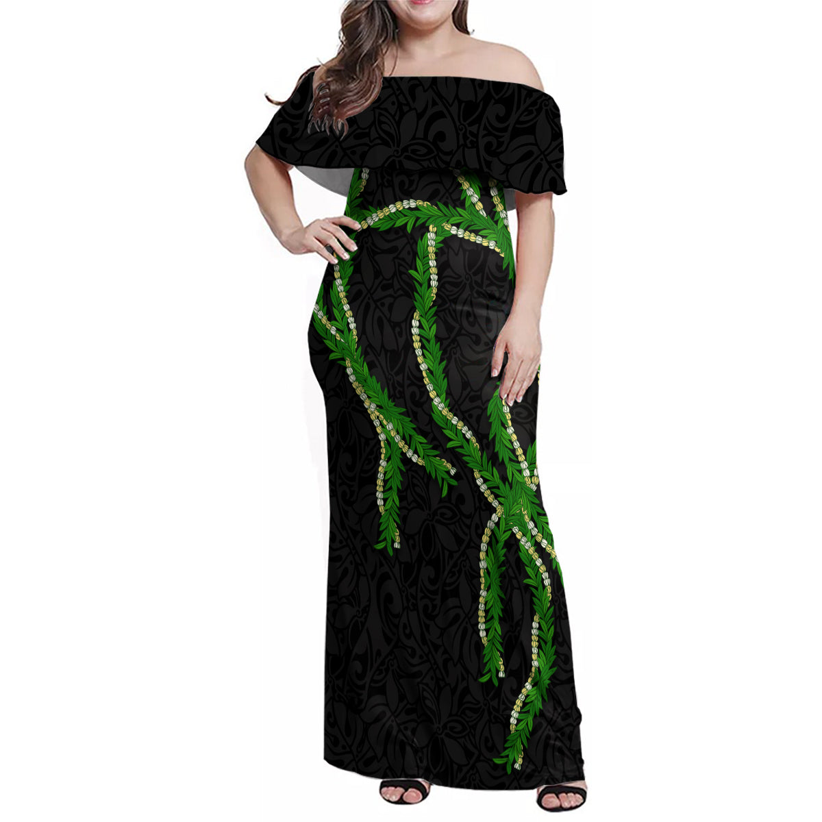 Hawaii Maile Lei Family Matching Off Shoulder Maxi Dress and Hawaiian Shirt Aloha Black Color LT03 Mom's Dress Black - Polynesian Pride