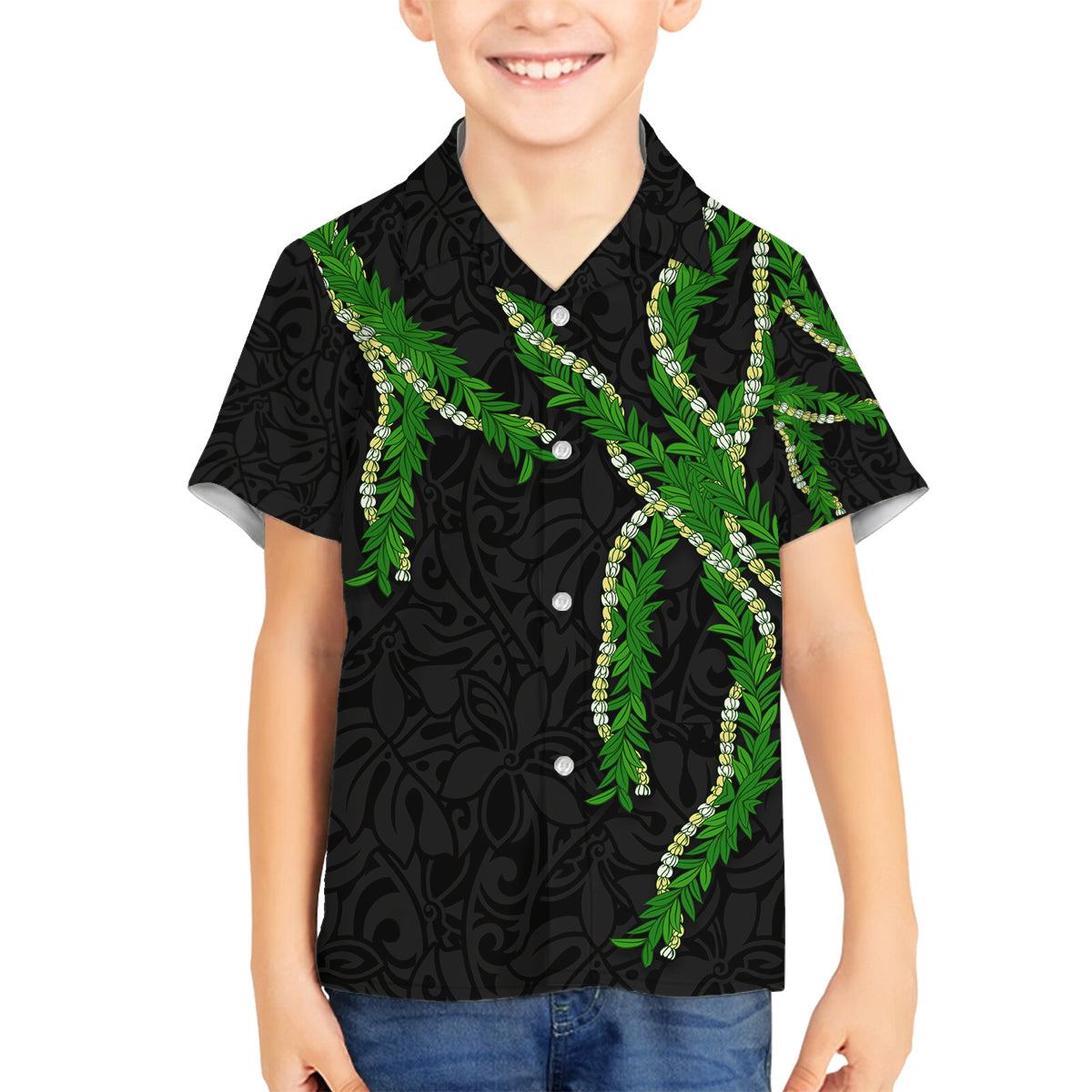 Hawaii Maile Lei Family Matching Off Shoulder Maxi Dress and Hawaiian Shirt Aloha Black Color LT03 Son's Shirt Black - Polynesian Pride