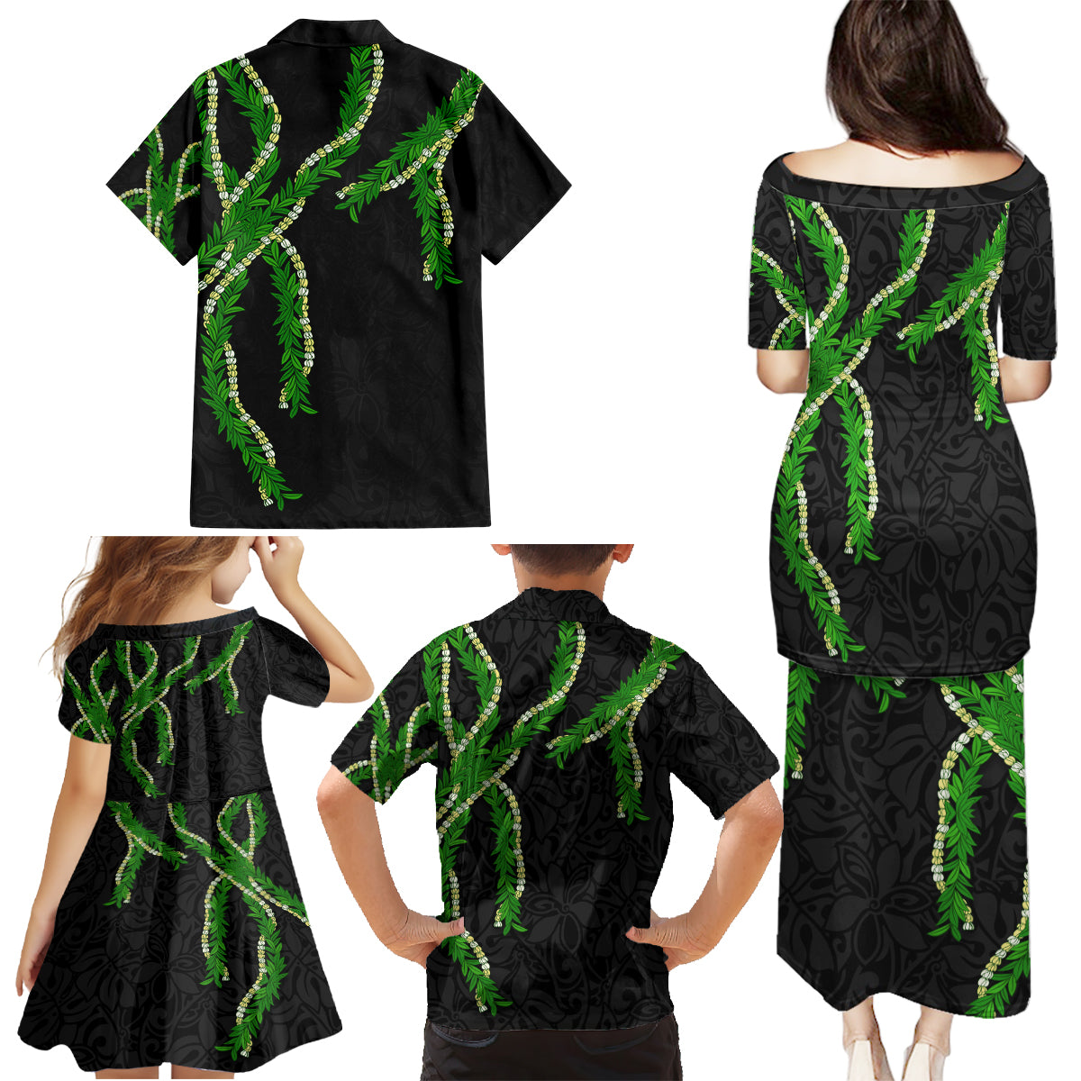 Hawaii Maile Lei Family Matching Puletasi and Hawaiian Shirt Aloha Black Color LT03 - Polynesian Pride