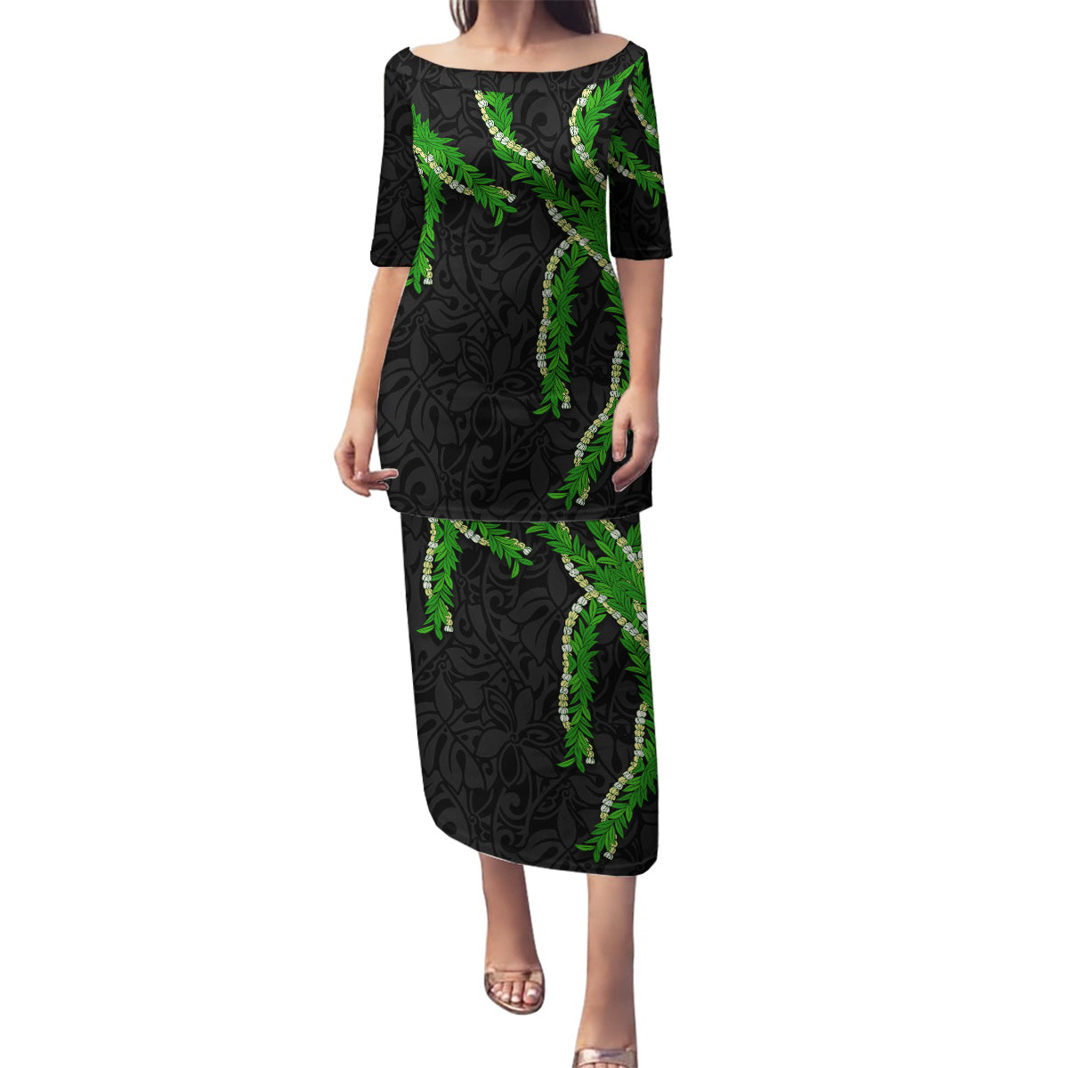 Hawaii Maile Lei Family Matching Puletasi and Hawaiian Shirt Aloha Black Color LT03 Mom's Dress Black - Polynesian Pride