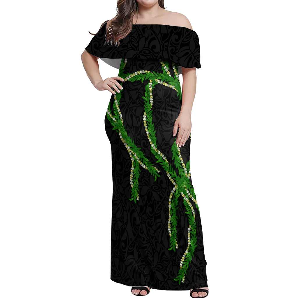 Hawaii Maile Lei Off Shoulder Maxi Dress Aloha Black Color LT03 Women Black - Polynesian Pride