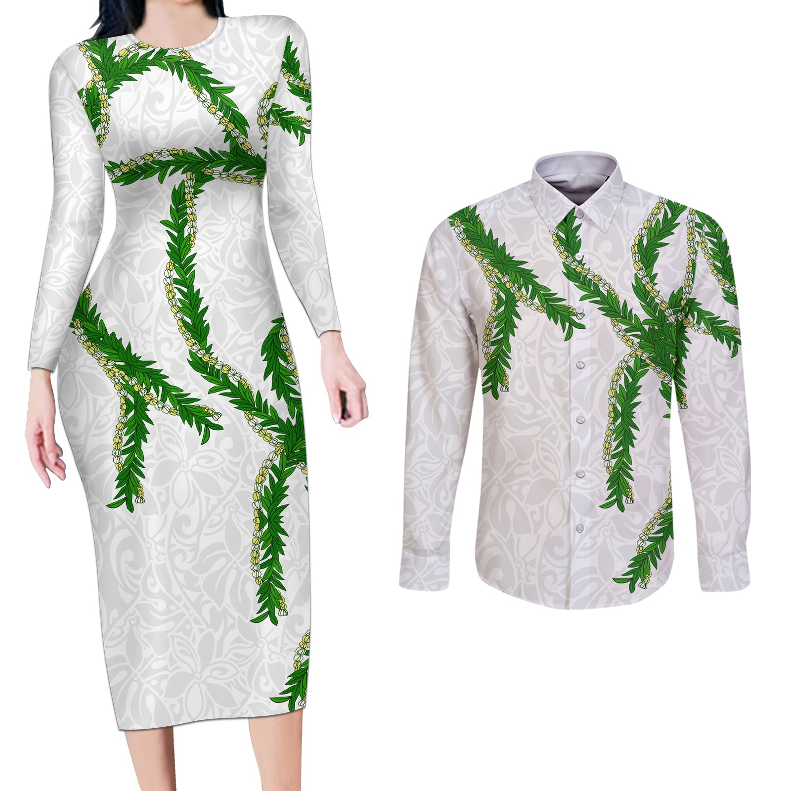 Hawaii Maile Lei Couples Matching Long Sleeve Bodycon Dress and Long Sleeve Button Shirt Aloha White Color