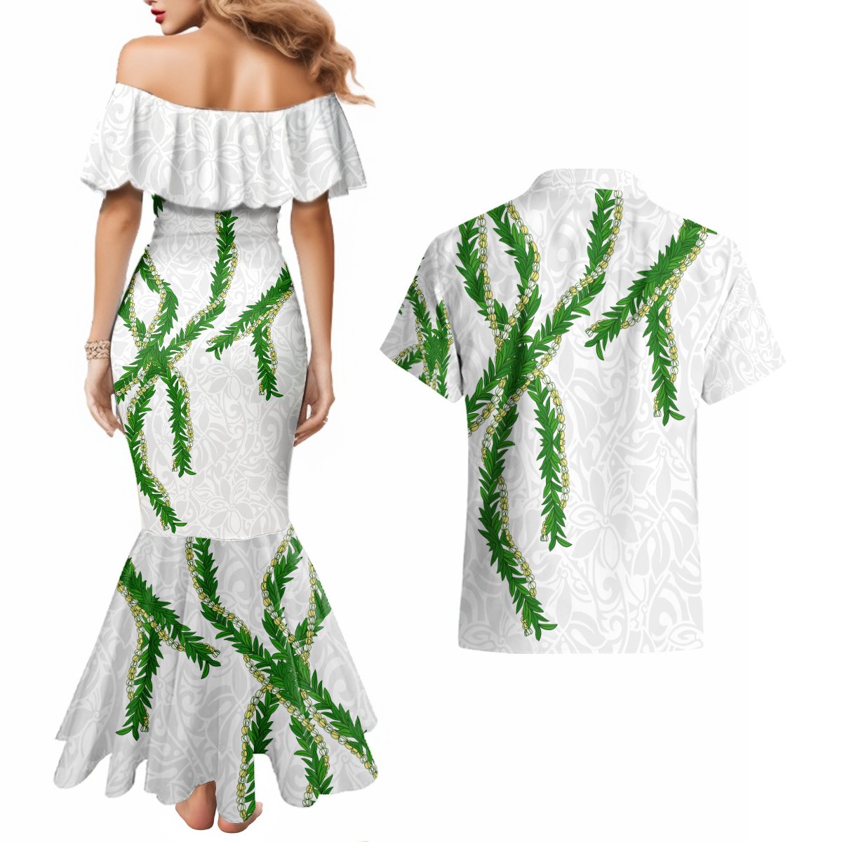 Hawaii Maile Lei Couples Matching Mermaid Dress and Hawaiian Shirt Aloha White Color LT03 - Polynesian Pride