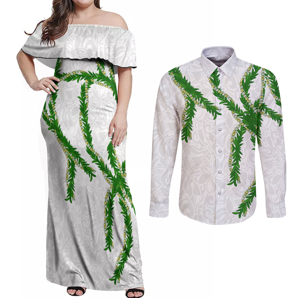 Hawaii Maile Lei Couples Matching Off Shoulder Maxi Dress and Long Sleeve Button Shirt Aloha White Color