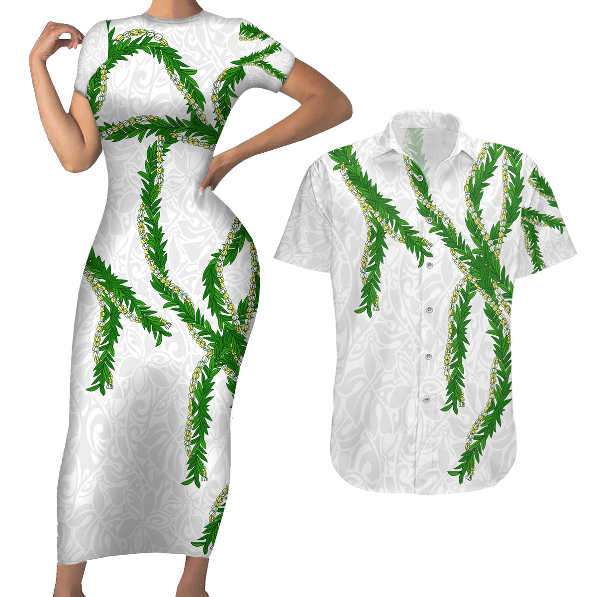 Hawaii Maile Lei Couples Matching Short Sleeve Bodycon Dress and Hawaiian Shirt Aloha White Color LT03 White - Polynesian Pride
