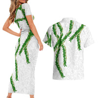 Hawaii Maile Lei Couples Matching Short Sleeve Bodycon Dress and Hawaiian Shirt Aloha White Color LT03 - Polynesian Pride