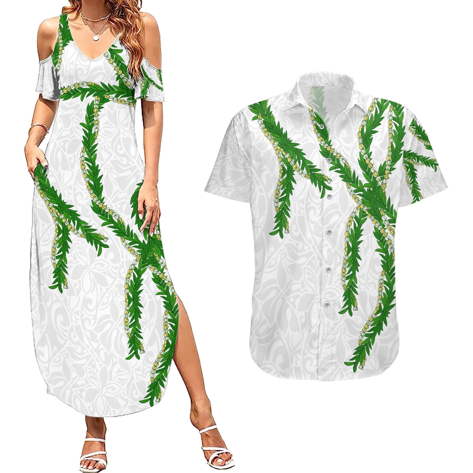Hawaii Maile Lei Couples Matching Summer Maxi Dress and Hawaiian Shirt Aloha White Color