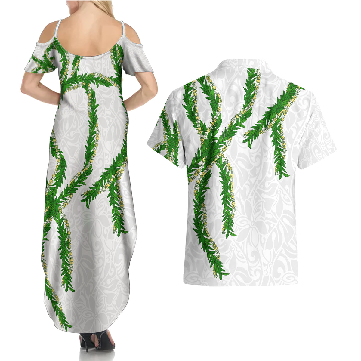 Hawaii Maile Lei Couples Matching Summer Maxi Dress and Hawaiian Shirt Aloha White Color