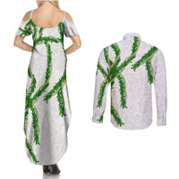 Hawaii Maile Lei Couples Matching Summer Maxi Dress and Long Sleeve Button Shirt Aloha White Color